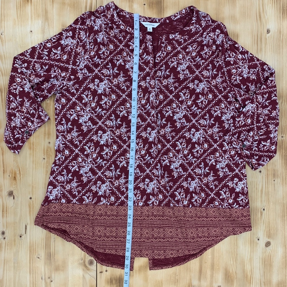Lucky Brand Floral Border Print Boho Pop Over Top in Burgundy Sz 1X - Picture 10 of 10